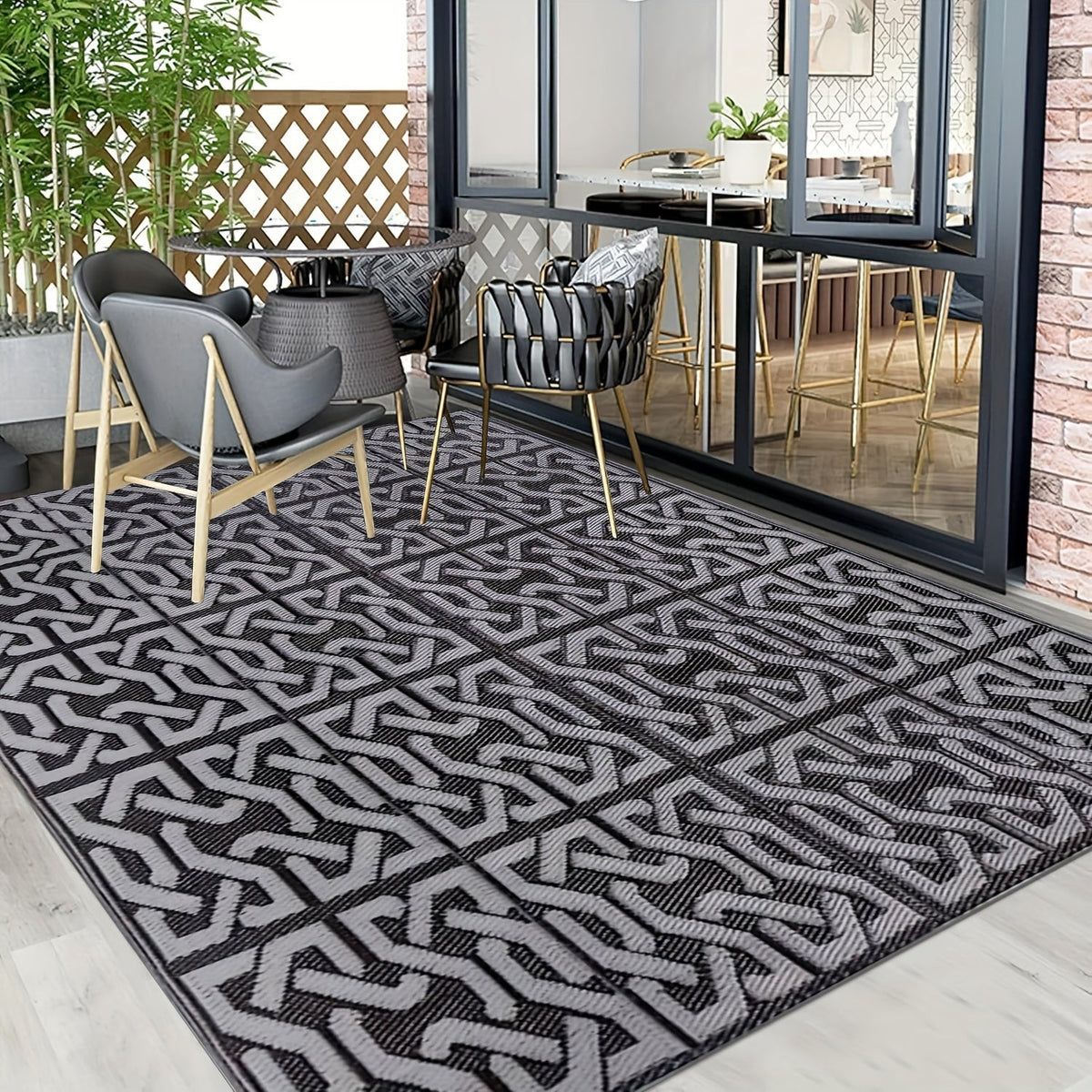 Bampton Reversible Outdoor Rug Black Grey Patio Mat