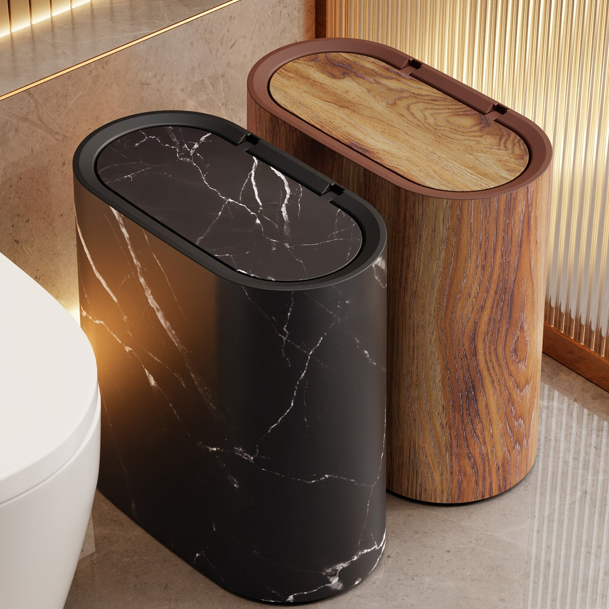 Selby Oval Bin with Lid Marble Effect Bathroom Waste Bin