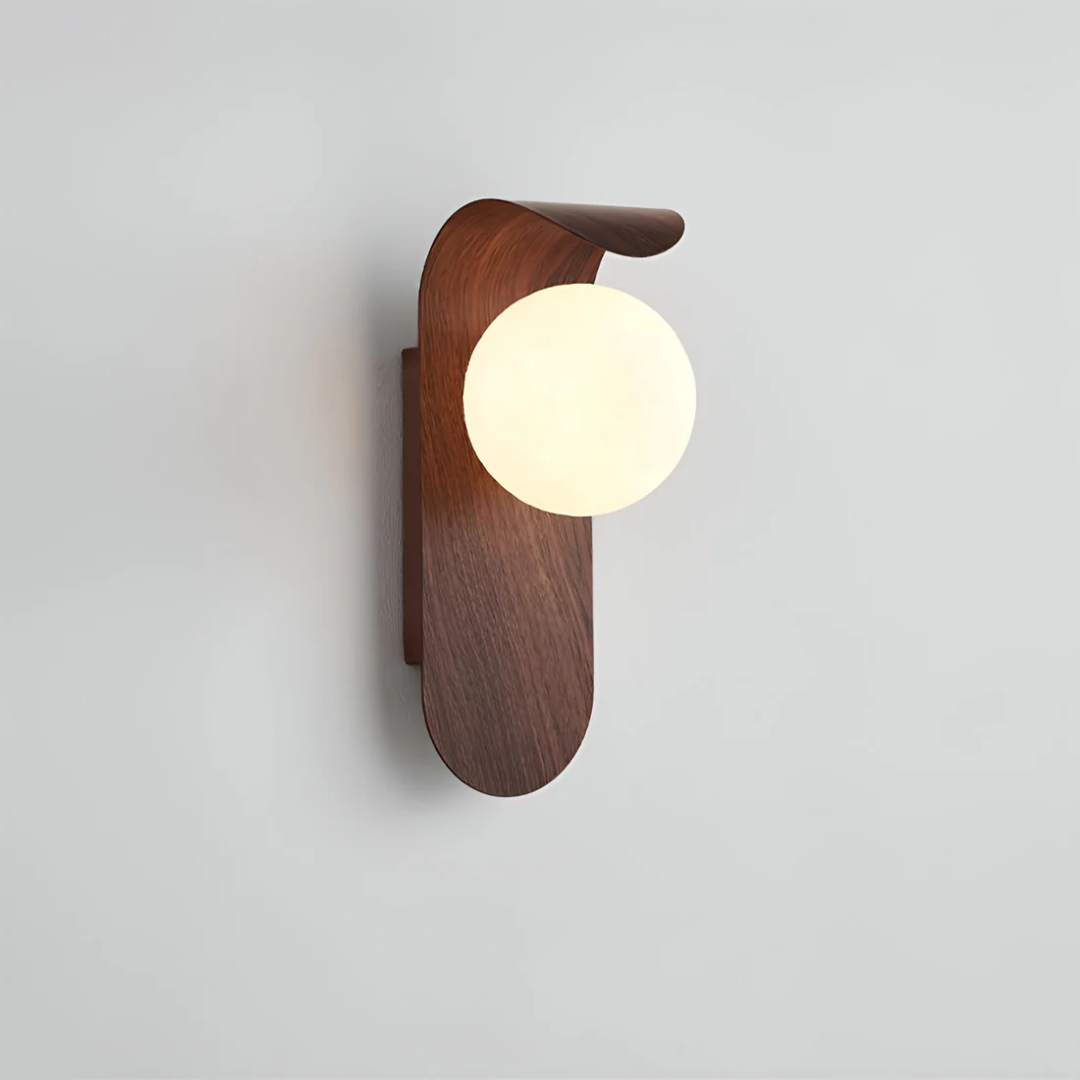 Icar Scandinavian Wall Lamp Curved Wood Frosted Glass Globe