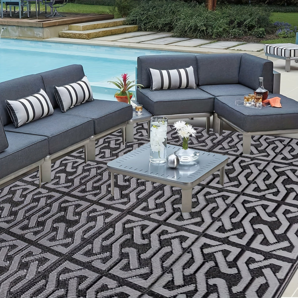 Bampton Reversible Outdoor Rug Black Grey Patio Mat