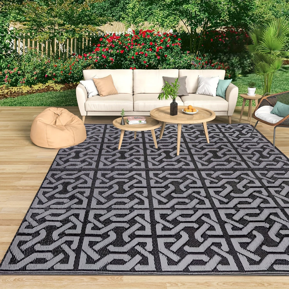 Bampton Reversible Outdoor Rug Black Grey Patio Mat