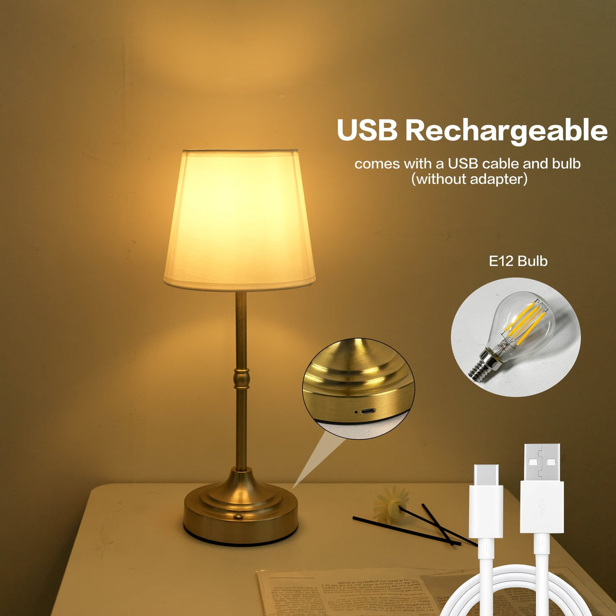 Linton Cordless Table Lamp Brushed Metal Touch Dimmable