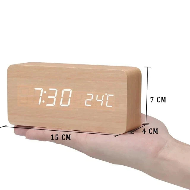 Rufford LED Alarm Clock Wood Effect Voice Activated