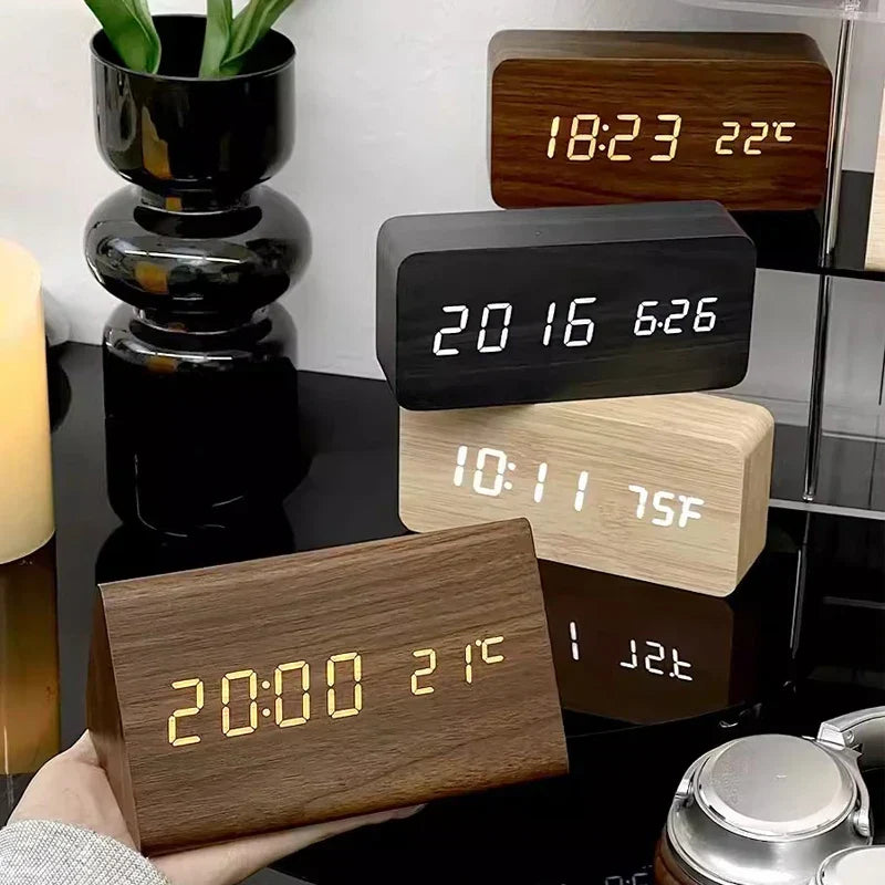 Rufford LED Alarm Clock Wood Effect Voice Activated