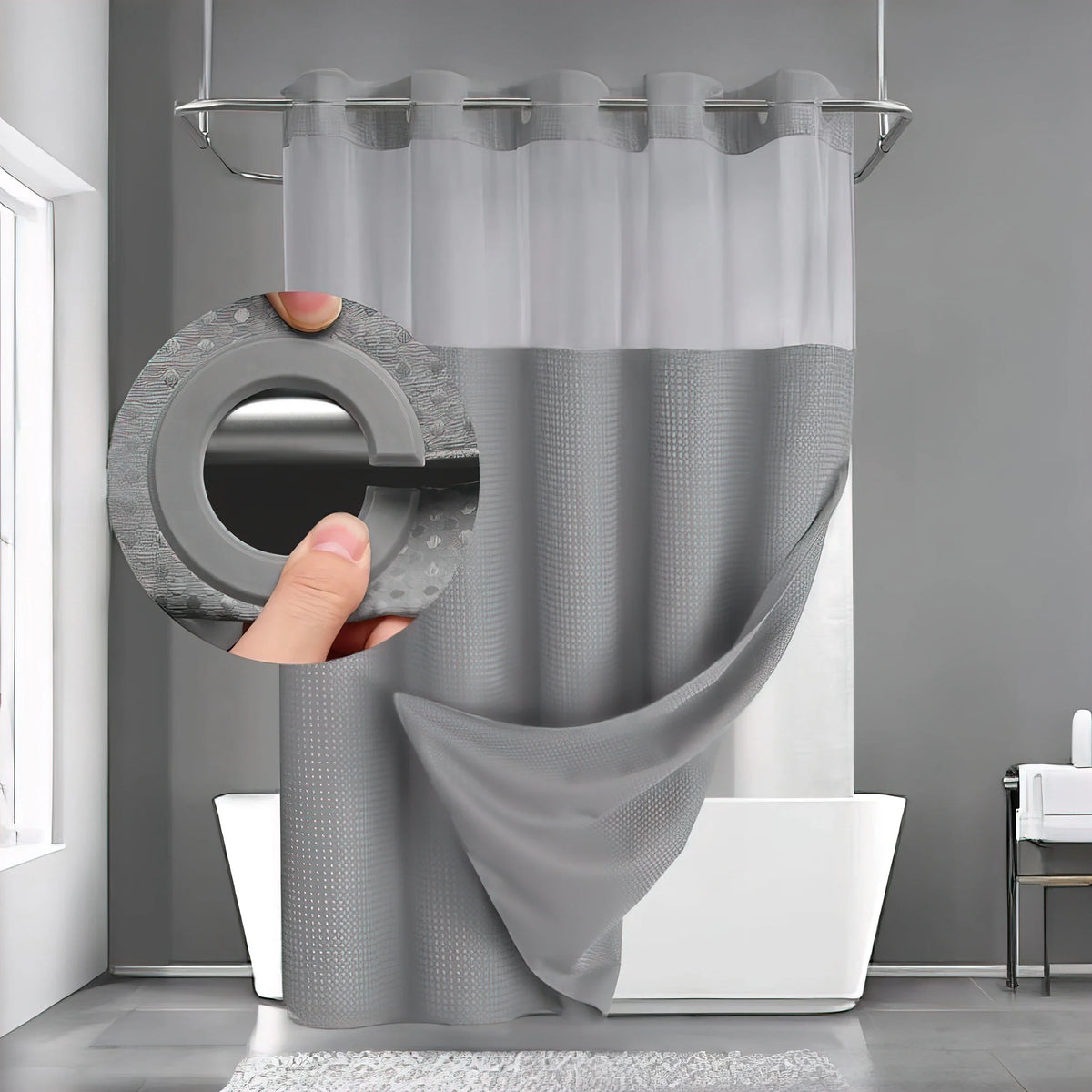 Staithes Waffle Weave Shower Curtain No Hook Snap In Liner