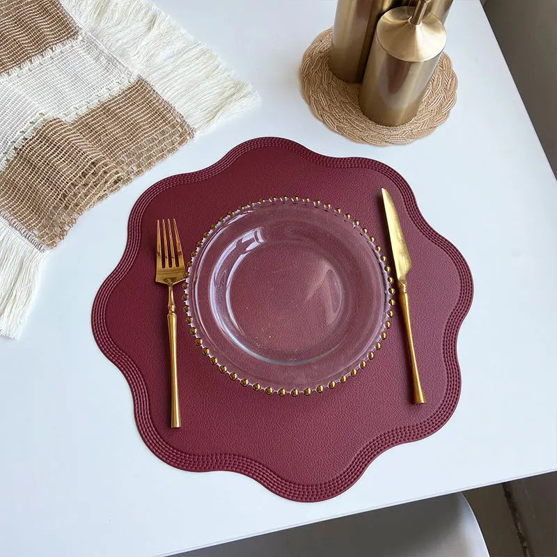 FloraMat Round Faux Leather Placemats Embossed Flower