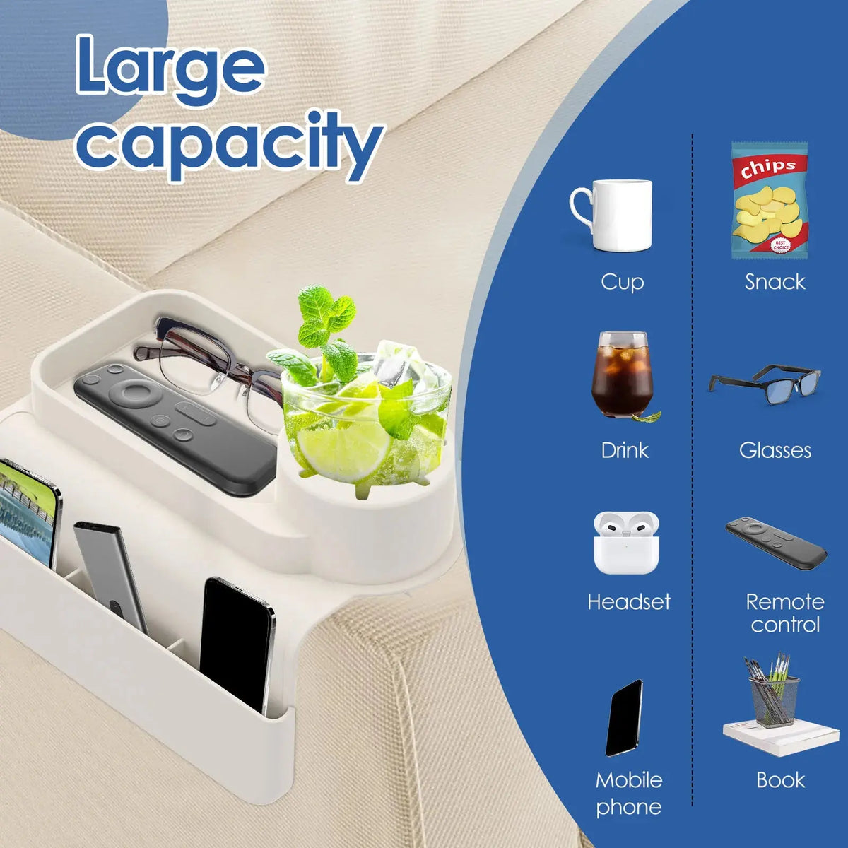 Sennen Silicone Sofa Arm Tray Cup Holder with Side Pocket