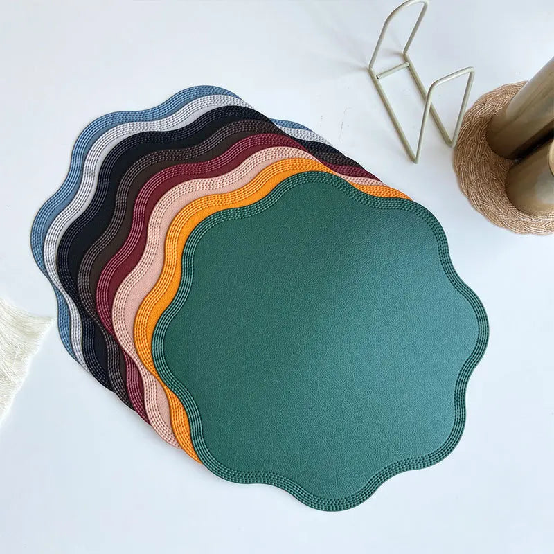 FloraMat Round Faux Leather Placemats Embossed Flower