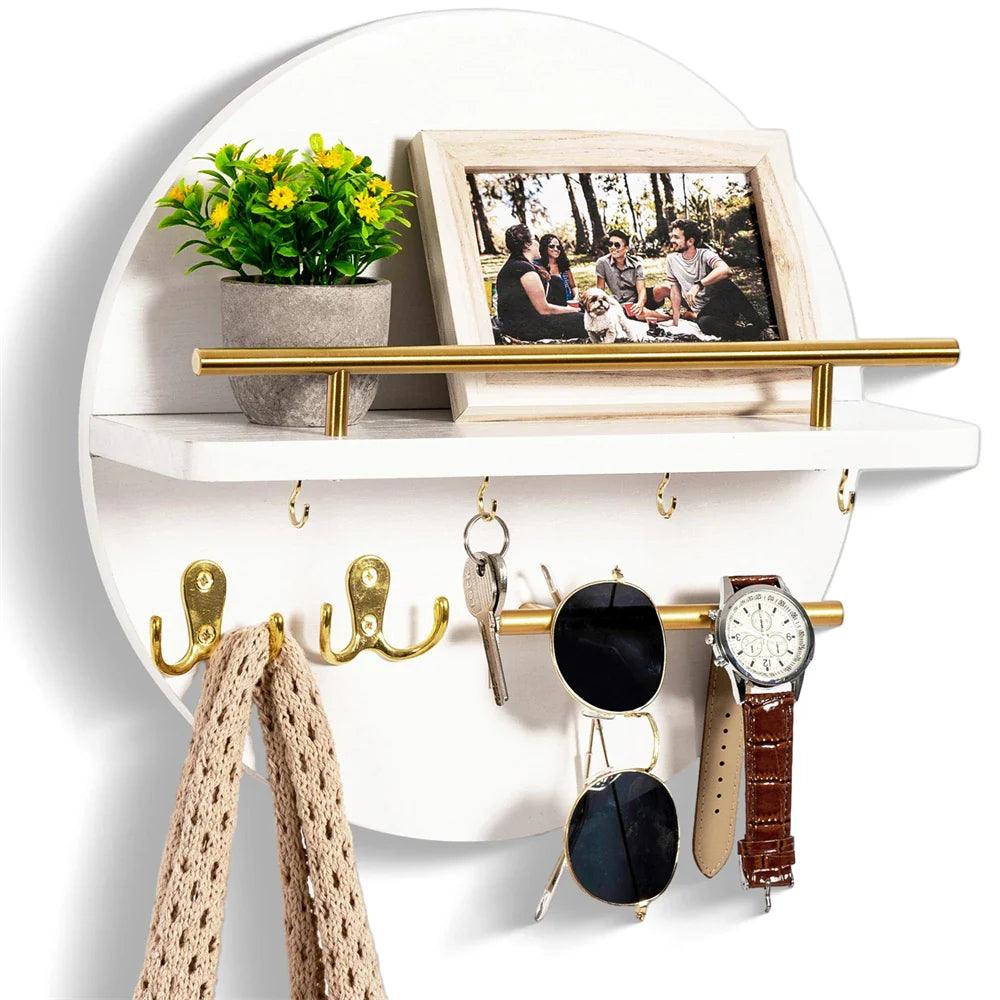 Keswick Round Wooden Key Holder Wall Hooks and Shelf