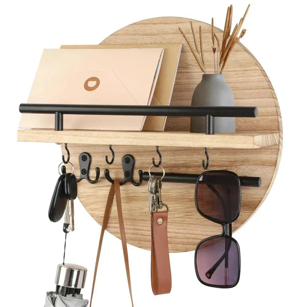 Keswick Round Wooden Key Holder Wall Hooks and Shelf