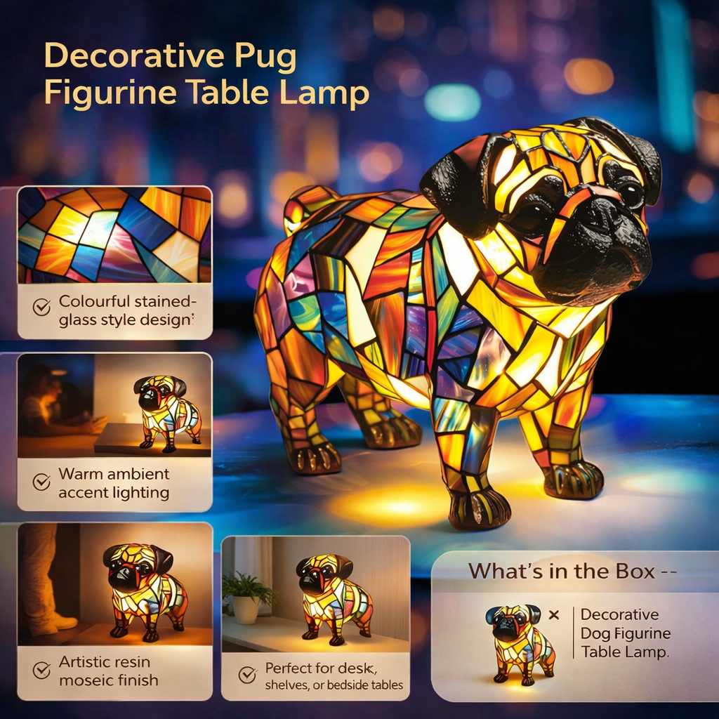 Hutton Dog Figurine Table Lamp Stained Glass Style Resin
