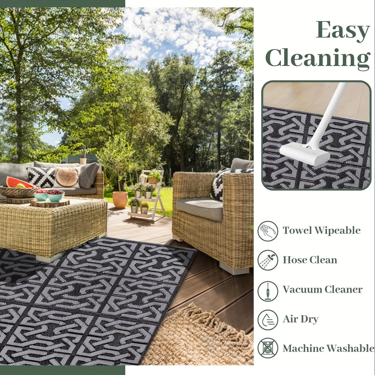 Bampton Reversible Outdoor Rug Black Grey Patio Mat