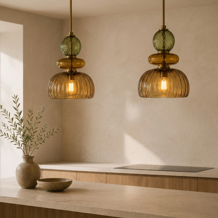 Amber ribbed glass pendant lights above a stone kitchen island