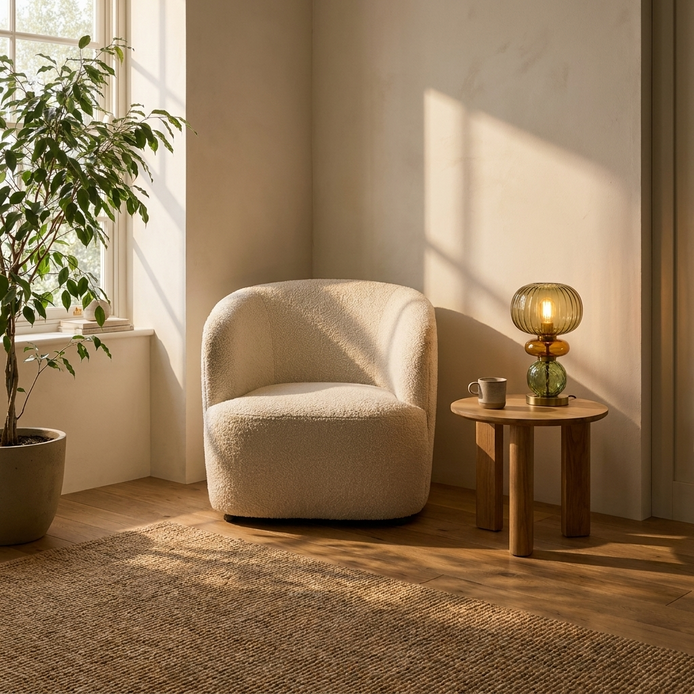 Sunlit reading corner with boucle armchair and warm table lamp