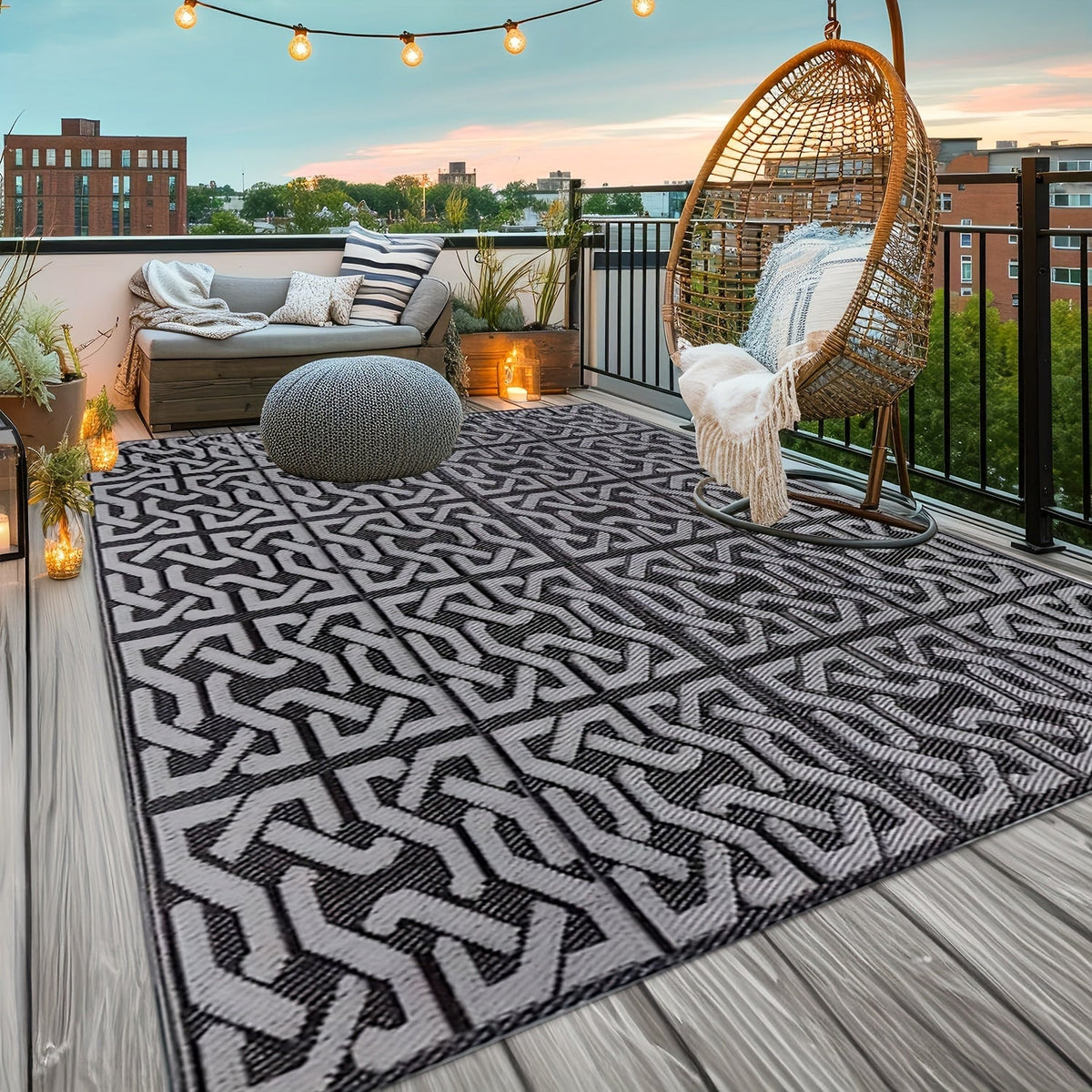 Bampton Reversible Outdoor Rug Black Grey Patio Mat