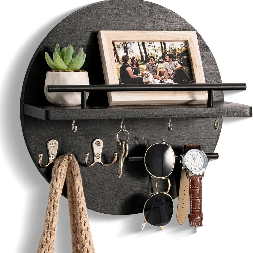 Keswick Round Wooden Key Holder Wall Hooks and Shelf
