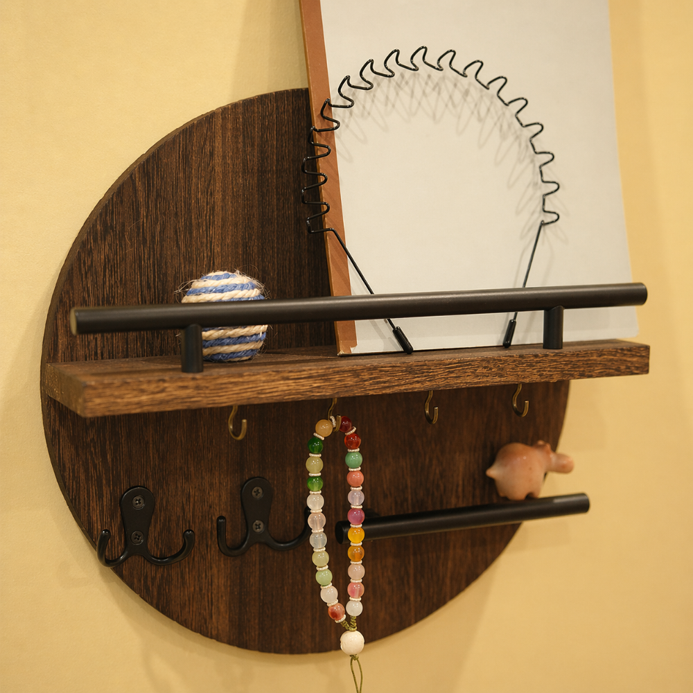 Keswick Round Wooden Key Holder Wall Hooks and Shelf