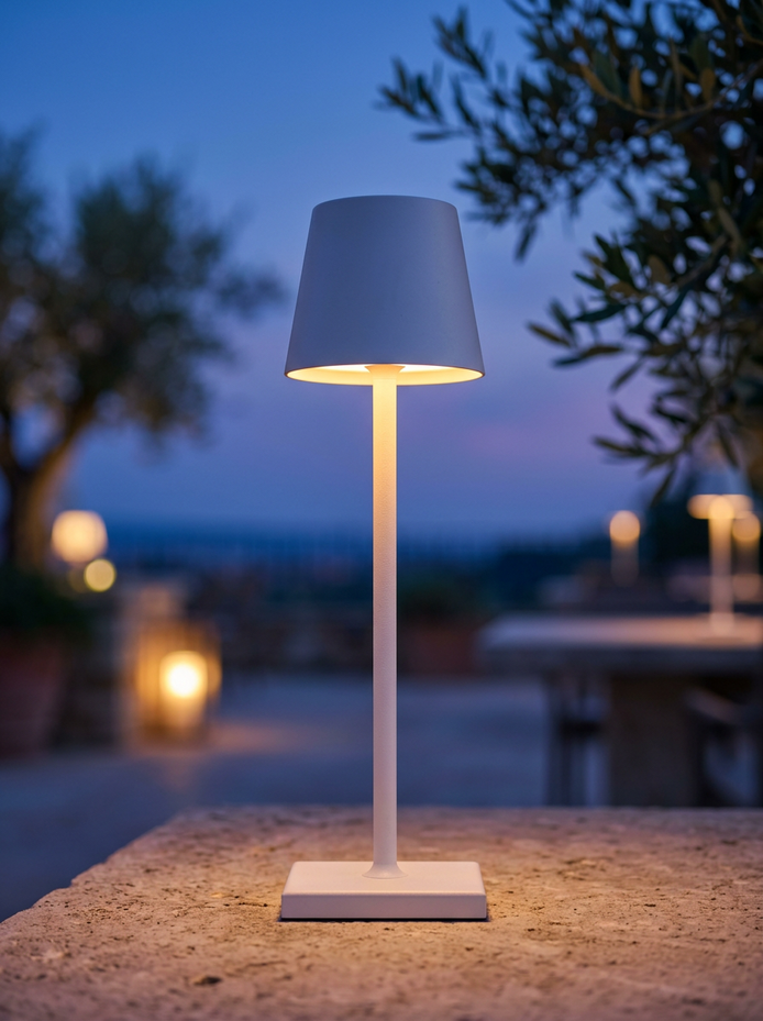 Halden lamp lit on an outdoor terrace table