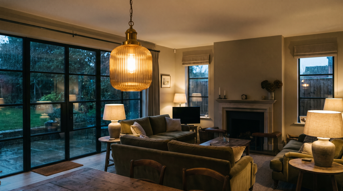 Warm living room at dusk