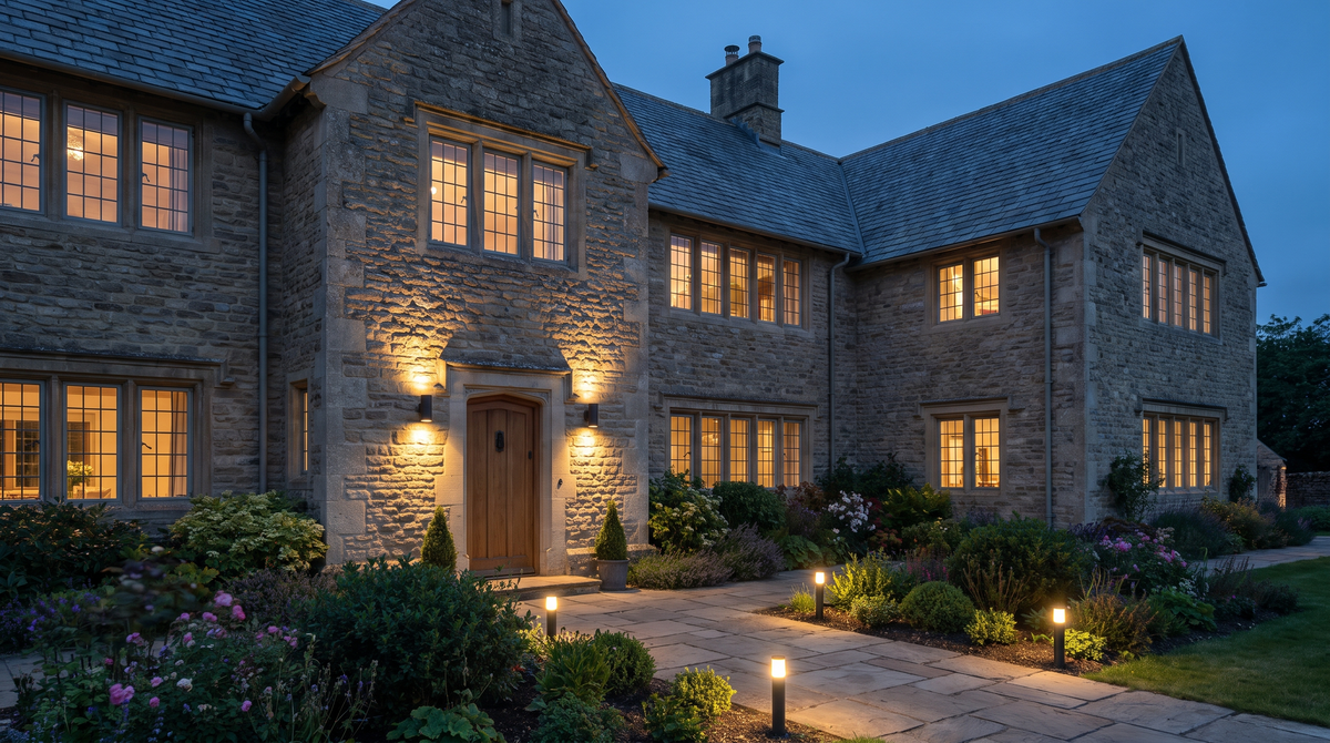 House exterior lit at dusk