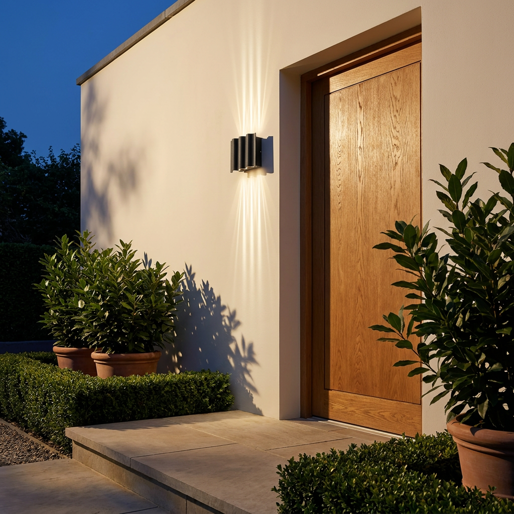 Verano wall light beside a front door at dusk