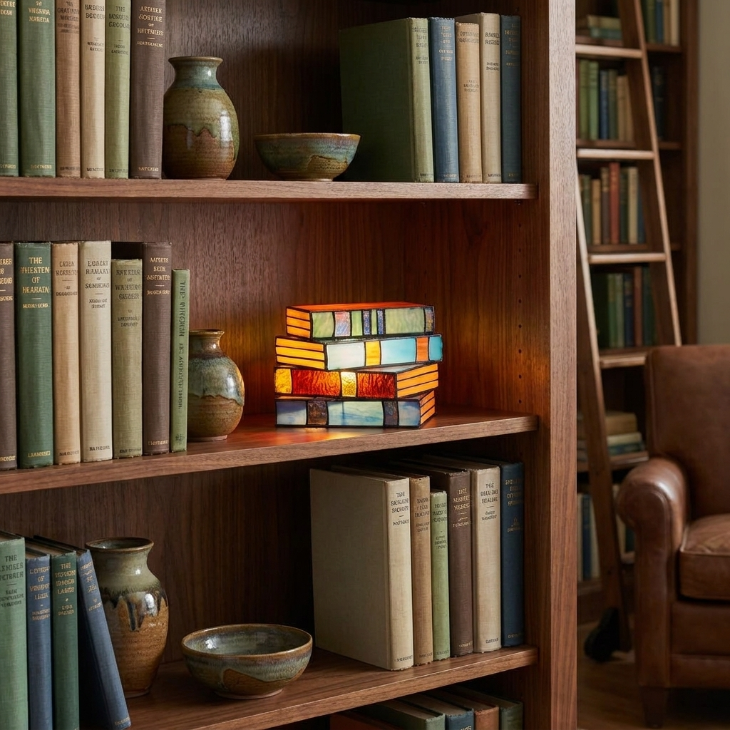 Novella book lamp on a bookshelf among books
