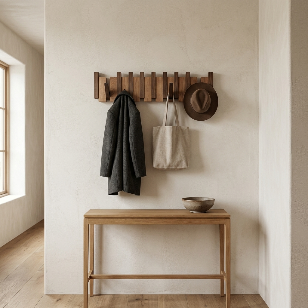 Sonata coat rack in a hallway with coats hanging