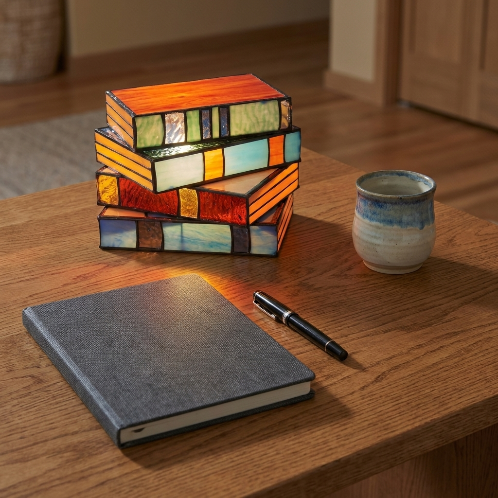 Novella book lamp on a desk from above