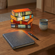 Novella book lamp on a desk from above