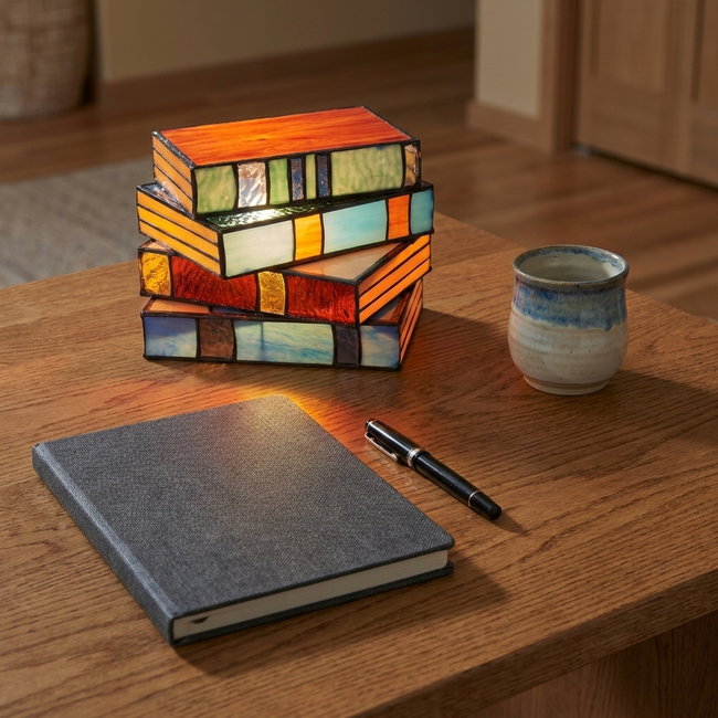 Novella book lamp on a desk from above