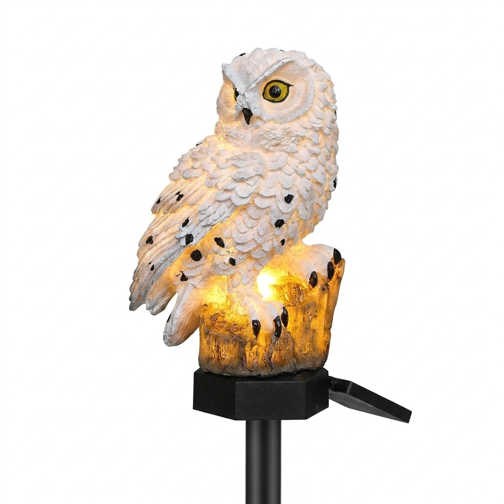 Wynn solar owl garden light on a white background
