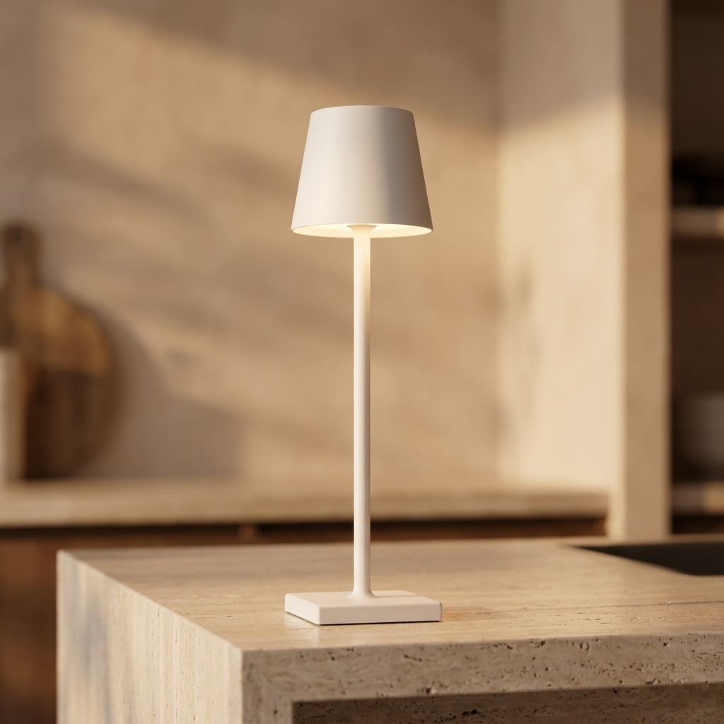 Close detail of the Halden lamp on a stone counter