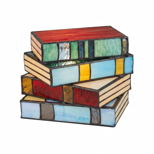 Novella stained glass book lamp on a white background