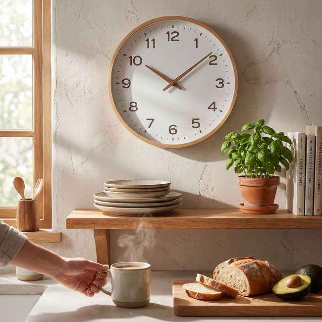 Harlow Wood Frame Wall Clock in use