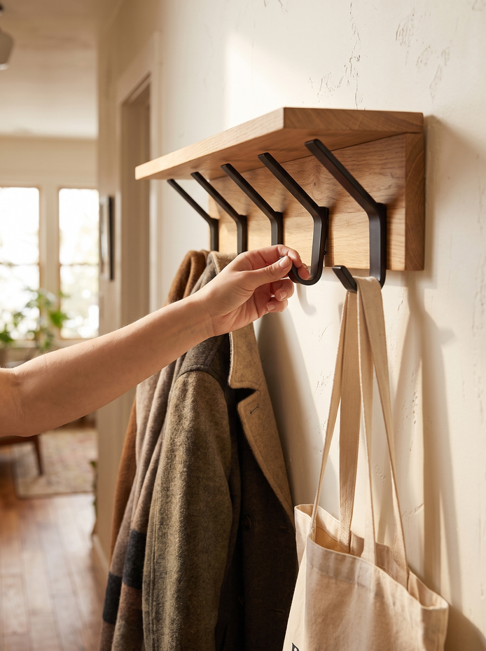 Dalby coat rack with a hand sliding one of the double hooks along the rail