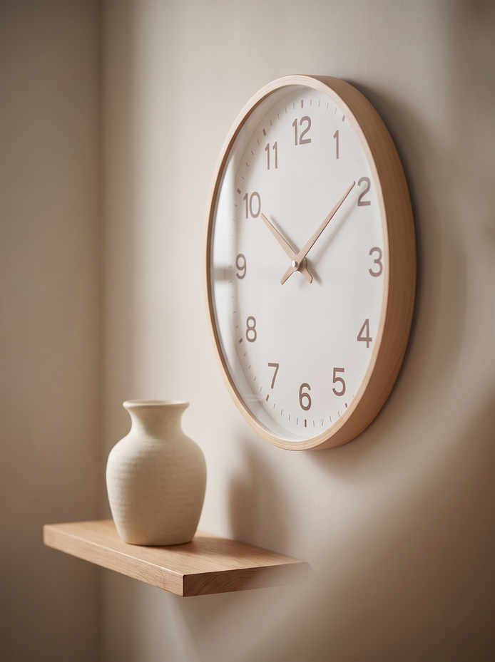 Harlow wall clock at an angle showing its slim timber frame