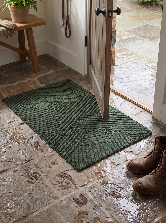 Brindle door mat lying flat on a tiled hallway floor on a wet day