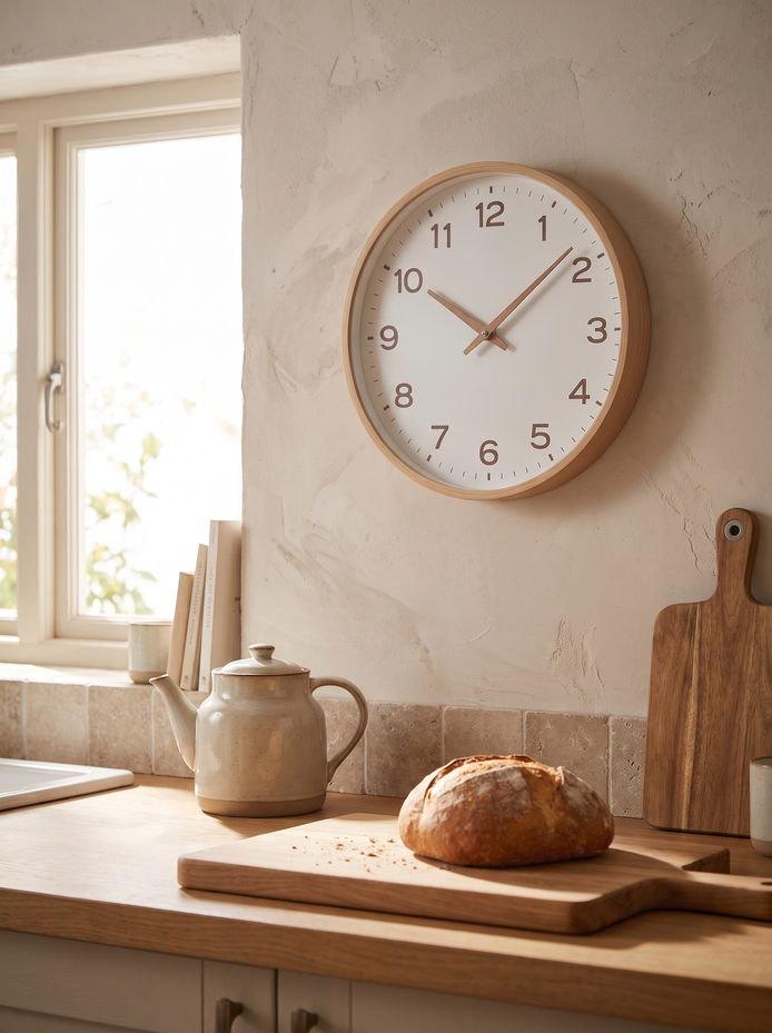 Harlow wall clock above a kitchen worktop seen from across the room