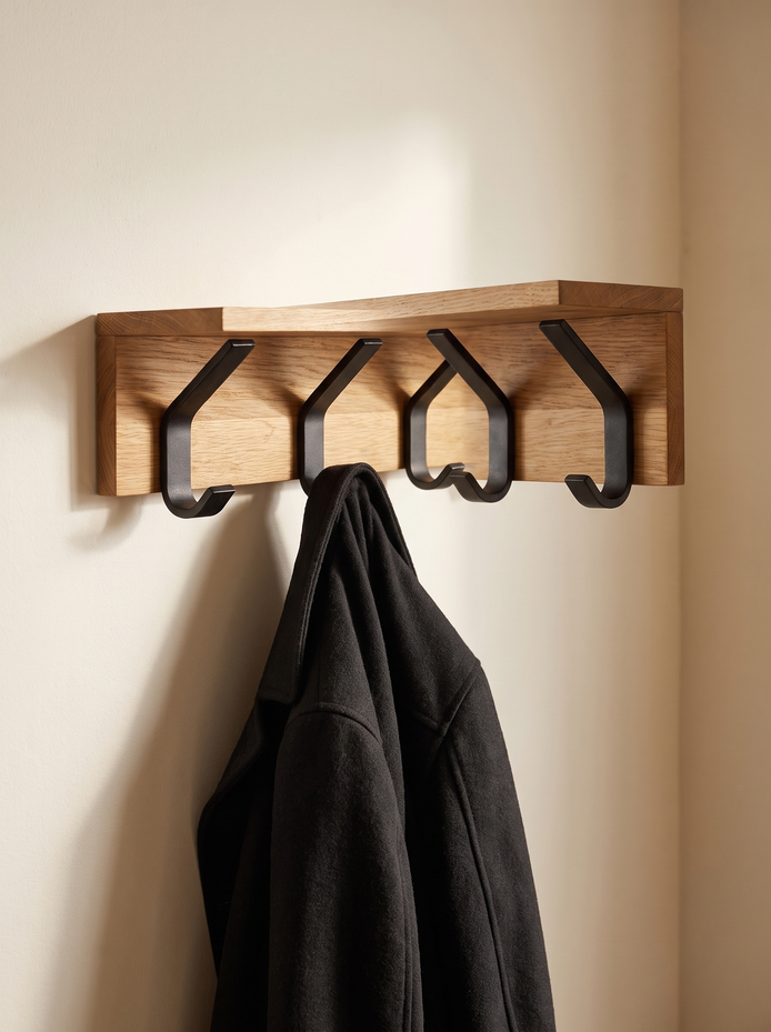 Close detail of the Dalby coat rack timber rail and matte black hooks
