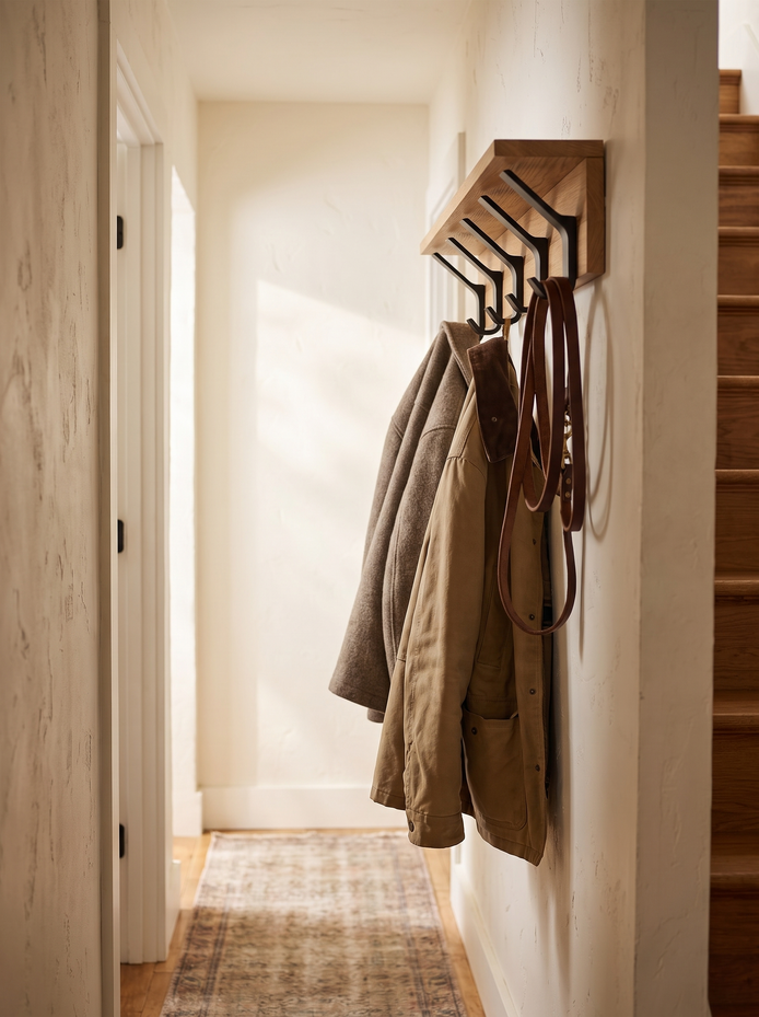 Dalby coat rack mounted in a narrow hallway with jackets hanging