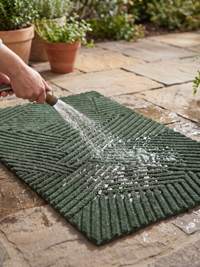Brindle door mat being rinsed clean outside on a patio