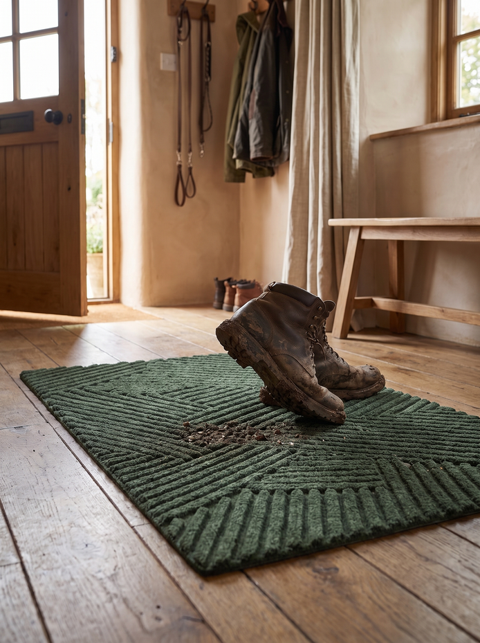 Brindle door mat in an entrance hall trapping dirt from boots