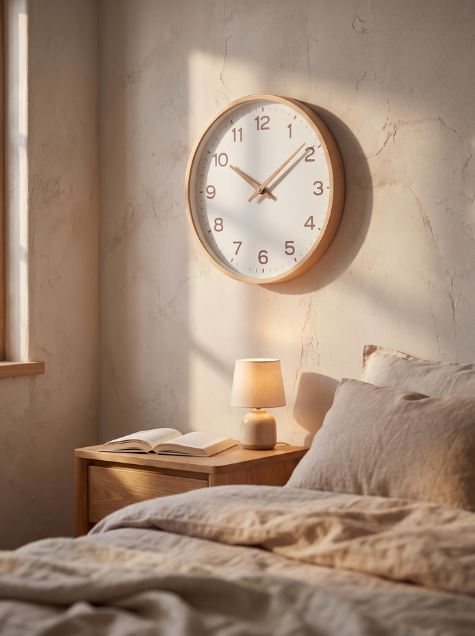 Harlow wall clock hung on a quiet bedroom wall above a bedside table