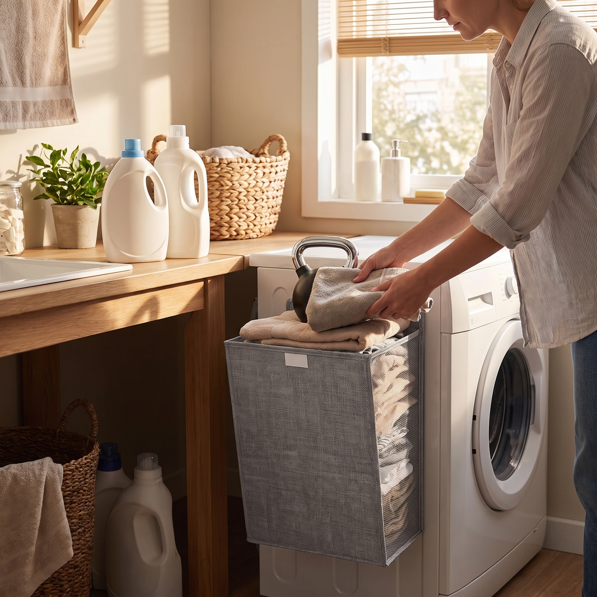 Wallora Foldable Wall Mounted Laundry Basket in use