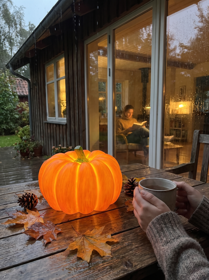 Cordless pumpkin lights lining a garden path