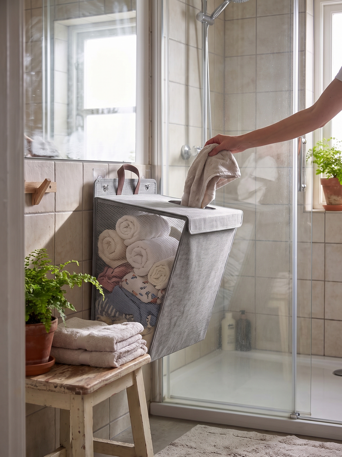 Wallora laundry basket folded flat against the wall