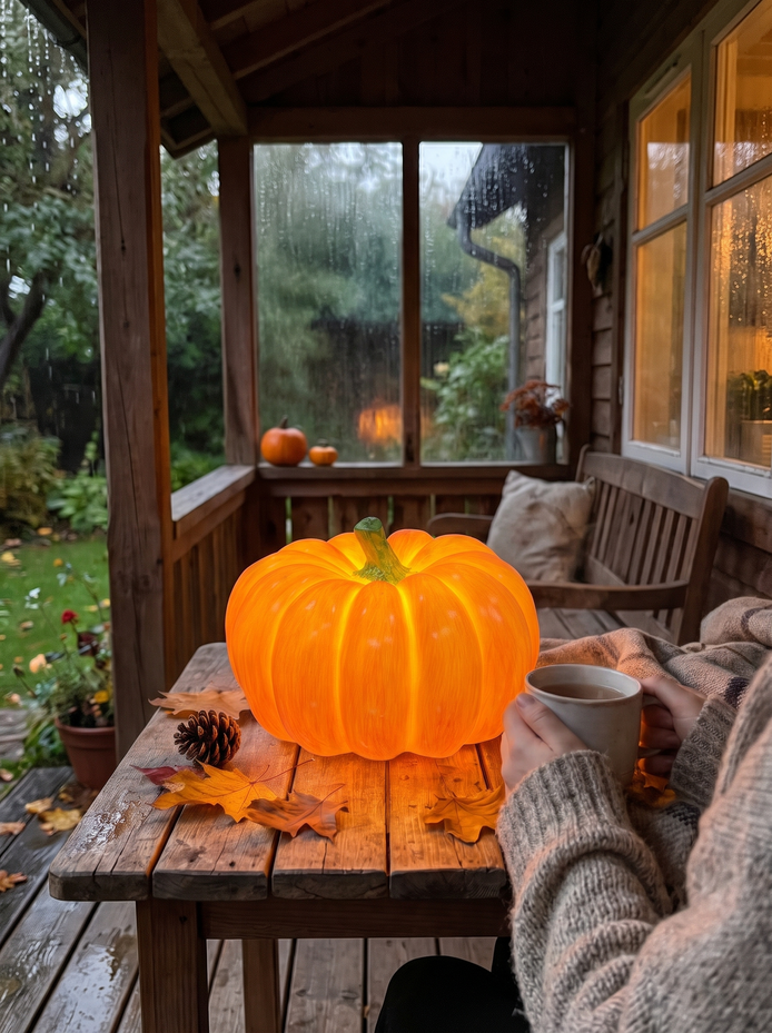 Waterproof pumpkin light outdoors in damp autumn weather