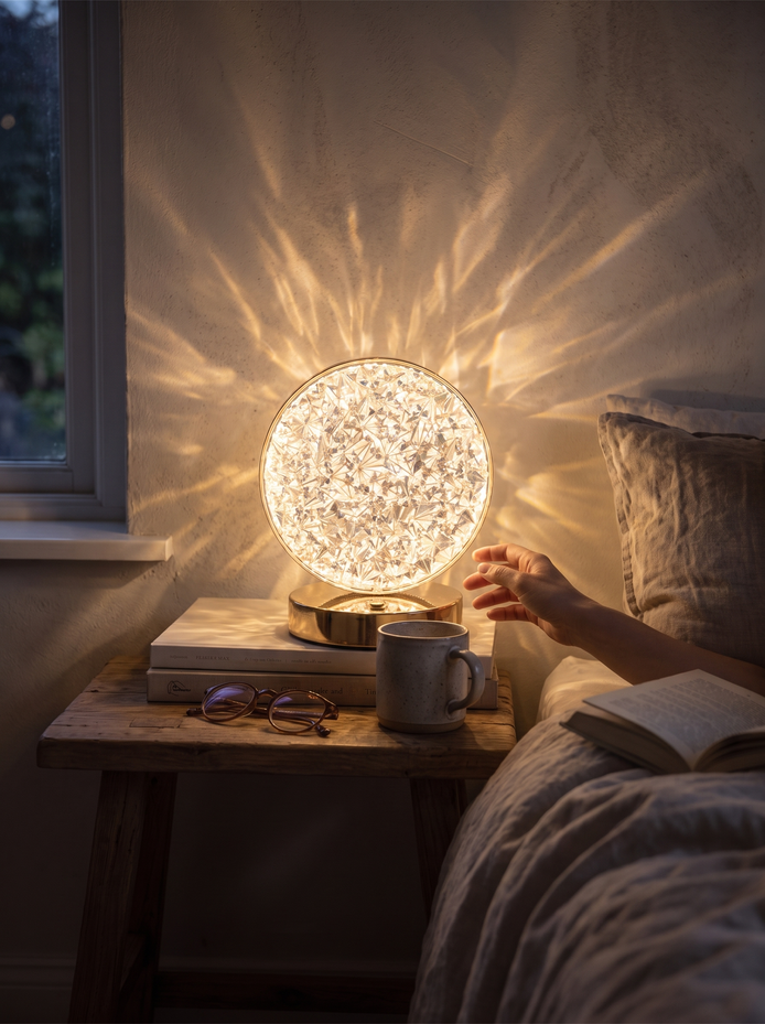 Stellora crystal night light glowing softly on a bedside table