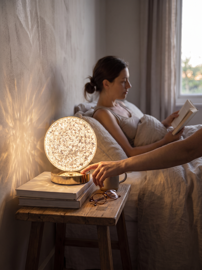 Hand touching the Stellora lamp base to dim the light