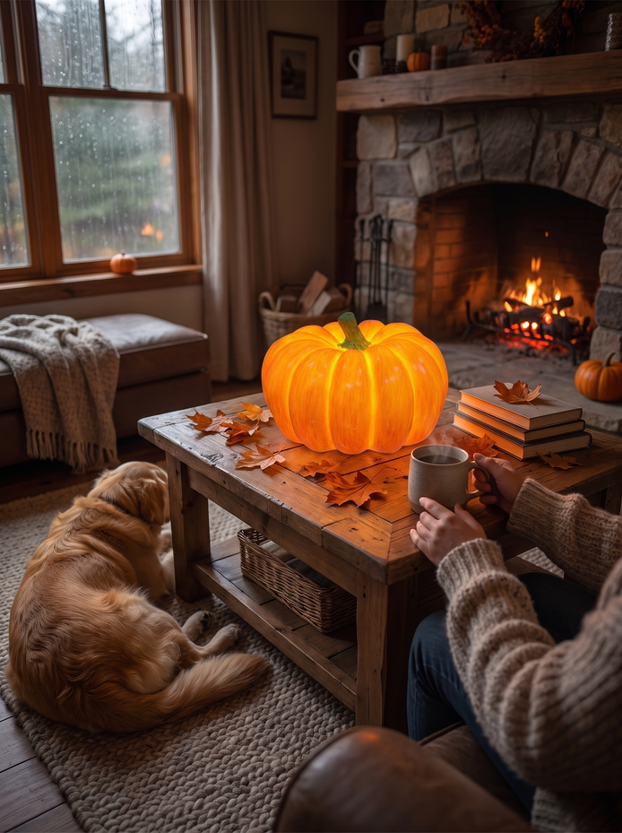 Hollowell resin pumpkin light glowing on a doorstep